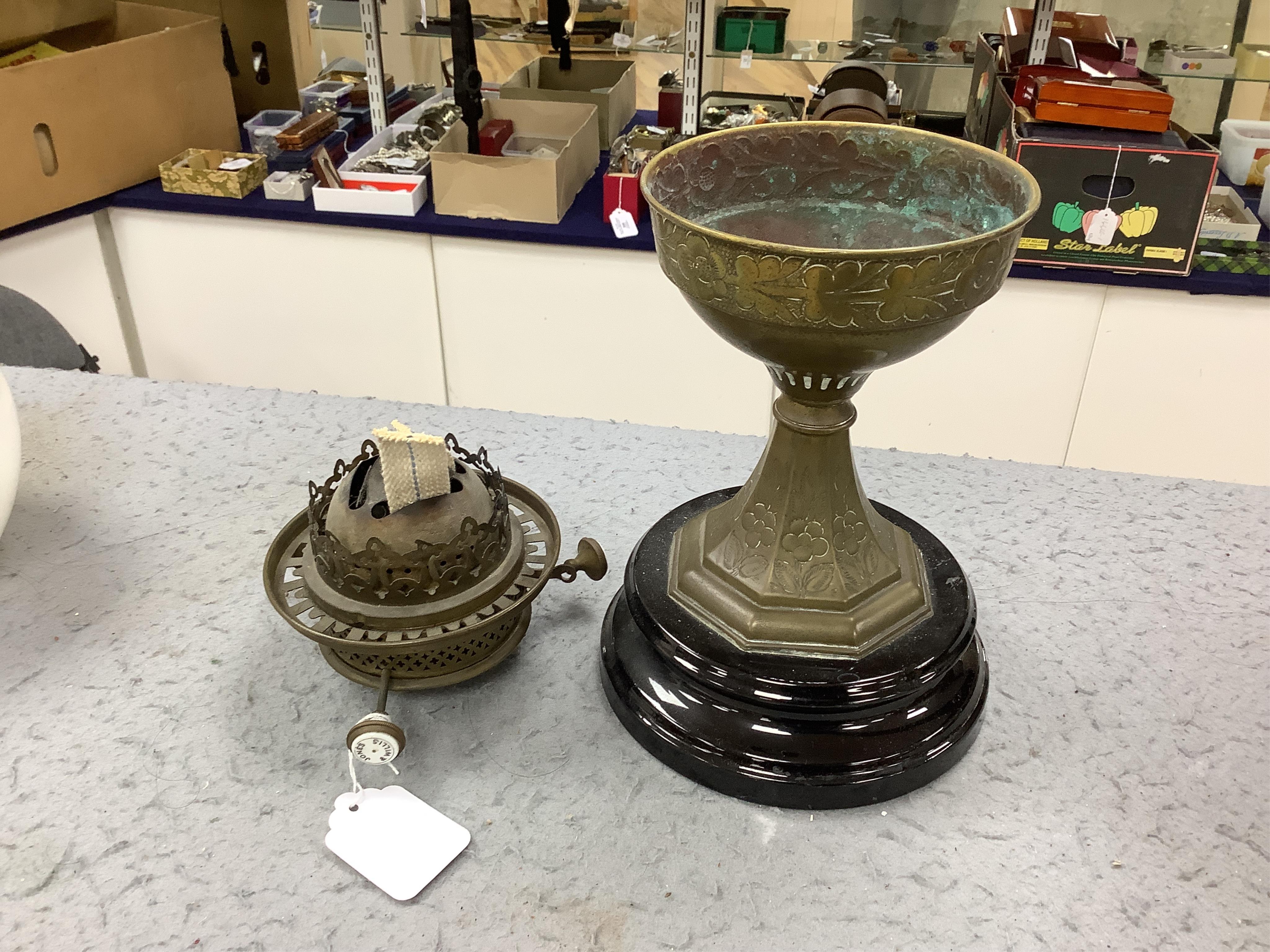 A Victorian glass and brass oil lamp by Jones & Willis, 53cm high